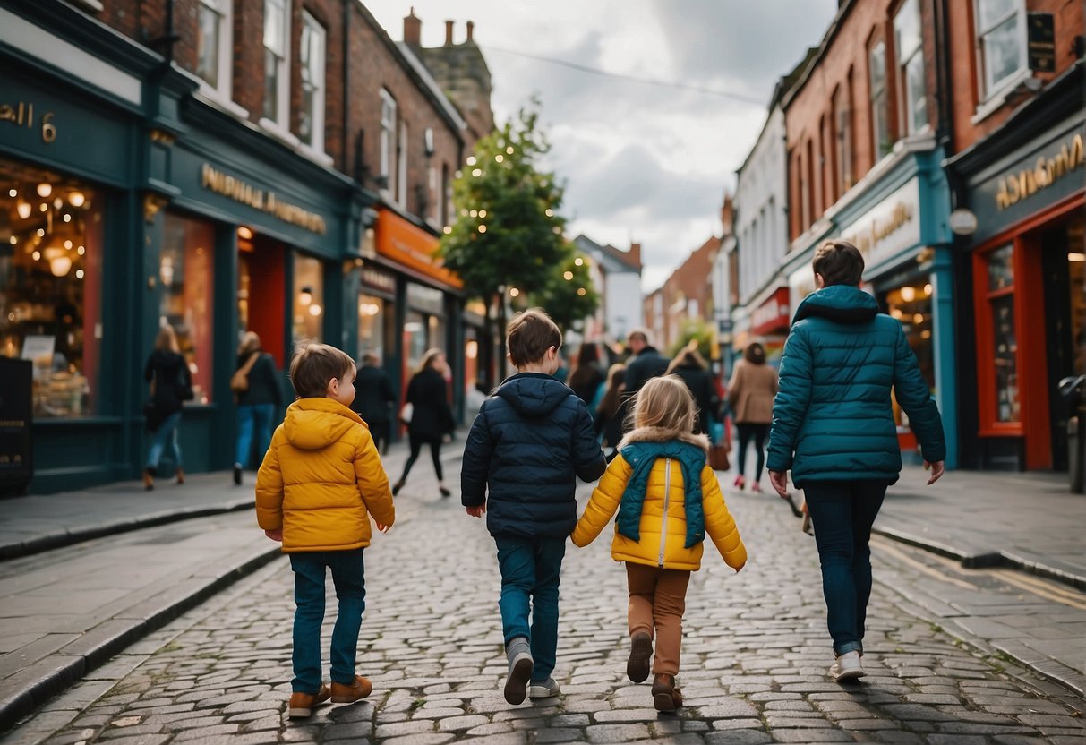 Families explore busy Dublin streets, passing colorful shops and bustling markets, while kids enjoy urban adventures and interactive activities