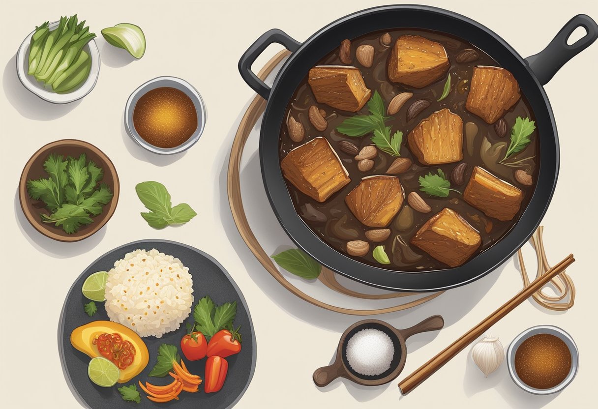 A sizzling pan of Adobo, a traditional Filipino dish, simmering in a savory blend of spices and ingredients. Three variations of the dish are displayed alongside its origins and key components