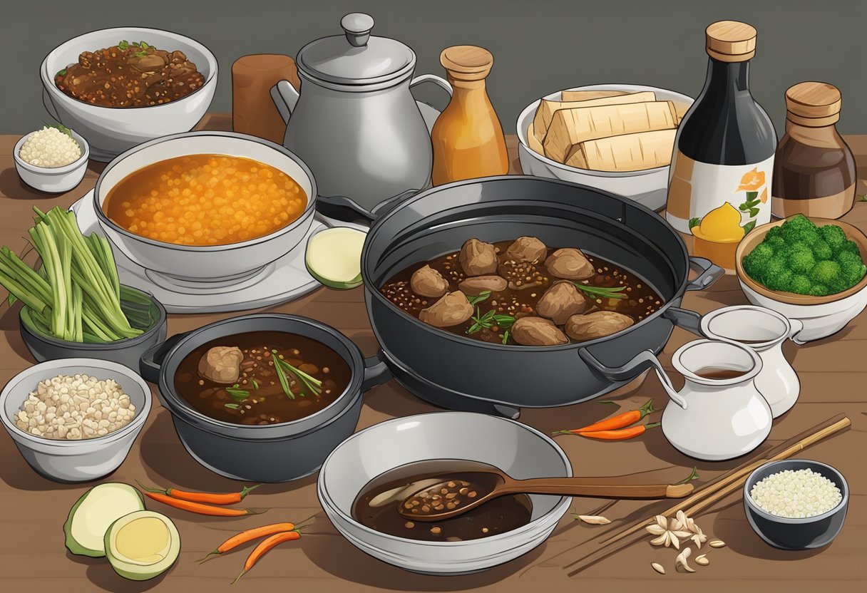 A sizzling pan of Adobo simmering with garlic, soy sauce, and vinegar, surrounded by bowls of various ingredients and recipe books