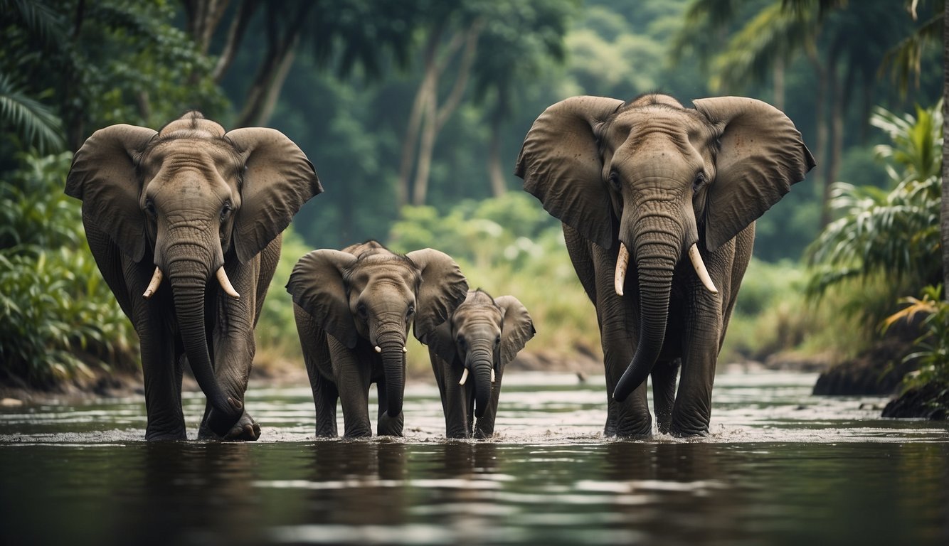 An elephant family walks through a lush jungle, surrounded by vibrant plants and wildlife.

The baby elephant playfully splashes in a sparkling river while the adults graze peacefully