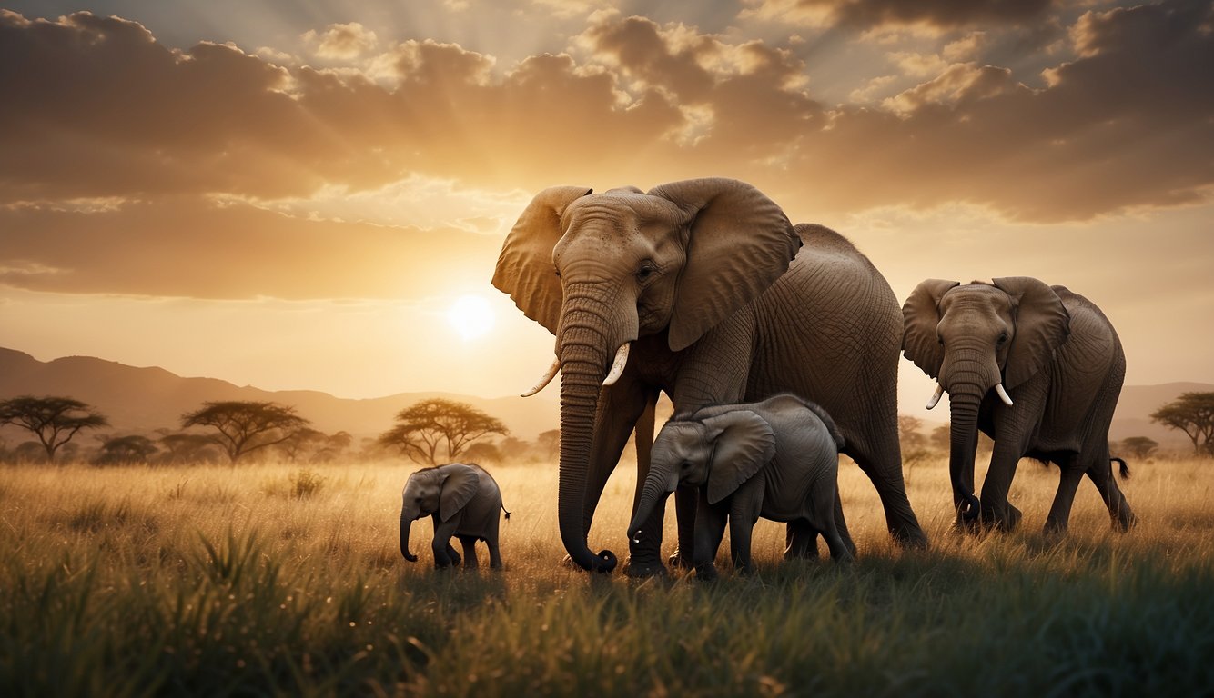 An elephant family grazes peacefully in the lush grasslands, while a baby elephant playfully splashes in a nearby watering hole.

The sun sets in the distance, casting a warm glow over the serene scene