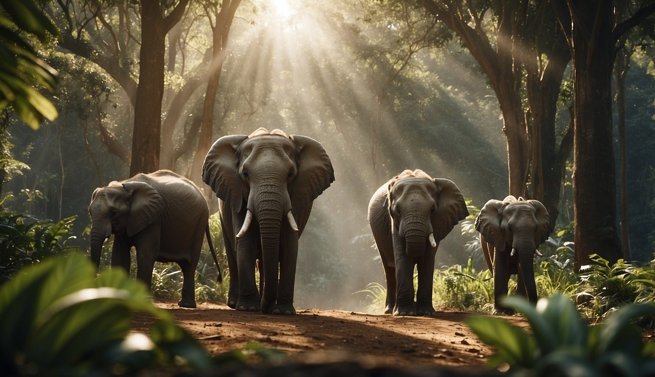 A family of elephants roam through the lush jungle, their large ears flapping as they search for food and water.

The sun shines through the canopy, casting dappled light on their wrinkled skin