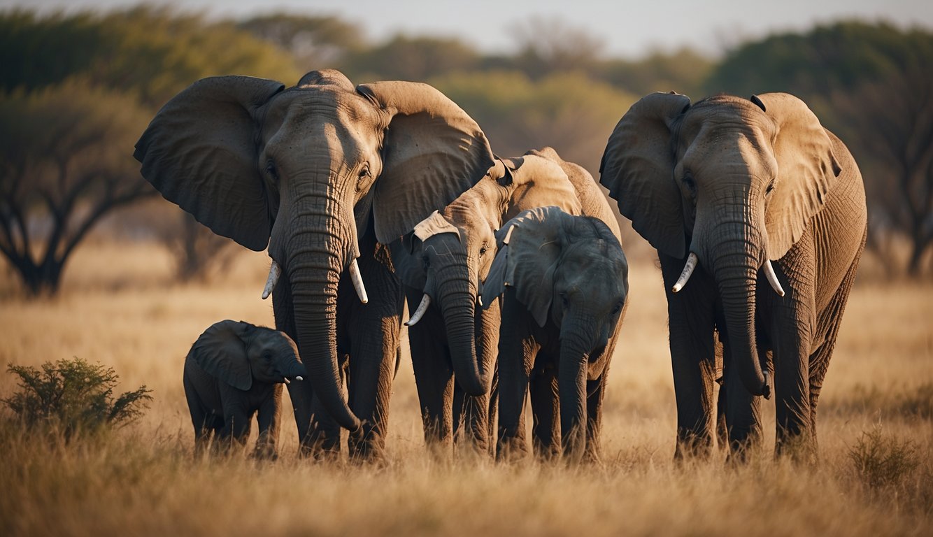 A family of elephants communicates through touch and sound, huddling together in a peaceful savanna setting