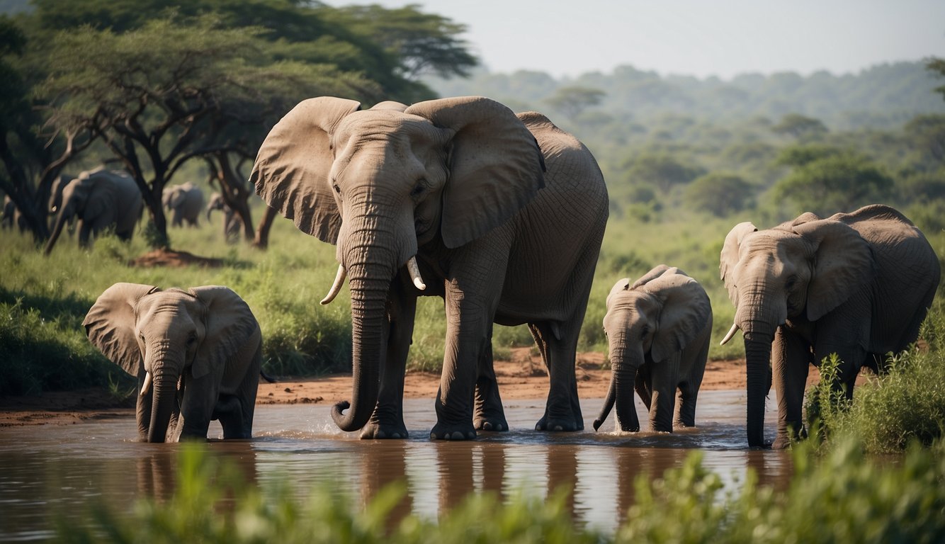 Elephants gather at a watering hole, surrounded by lush greenery and colorful birds.

Rangers monitor the scene, ensuring the safety and well-being of the majestic creatures