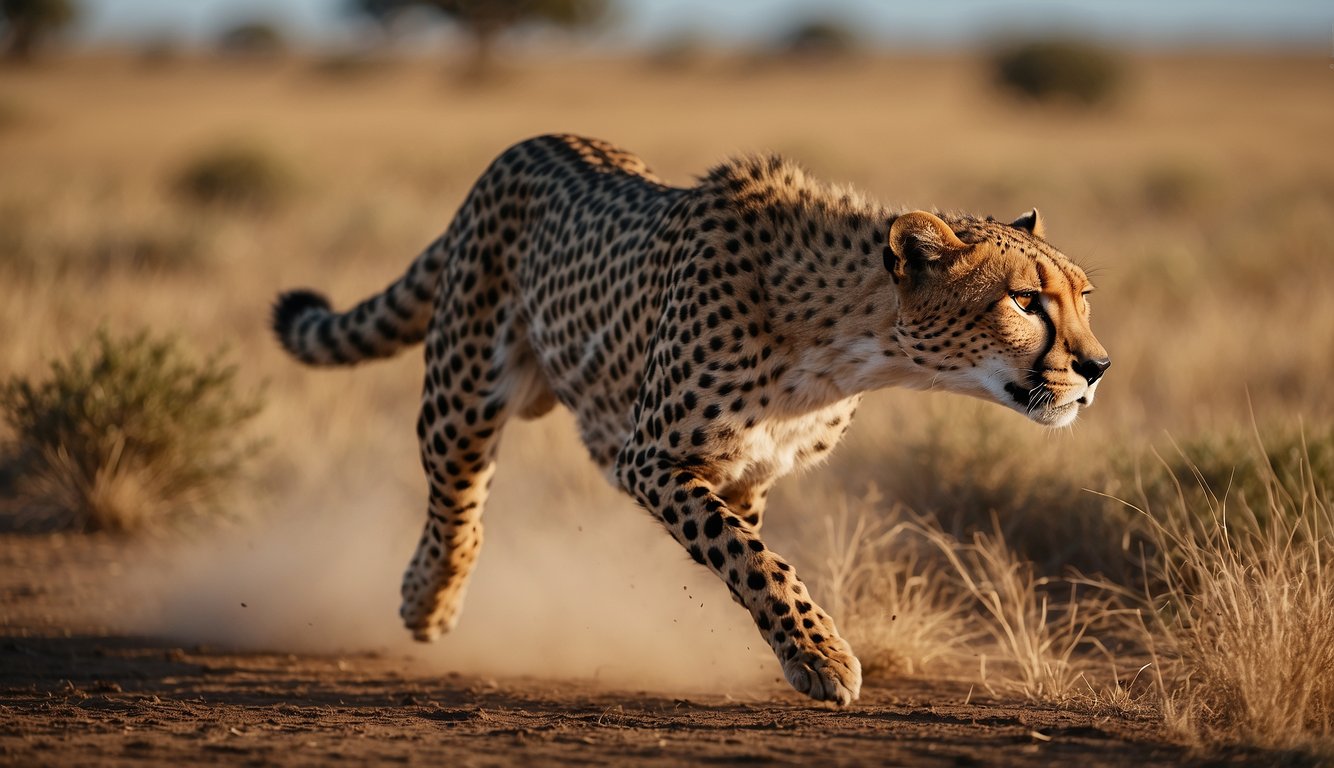 A cheetah sprints across the savanna, muscles rippling as it pursues its prey.

The landscape blurs behind it, conveying the incredible speed of the world's fastest land animal