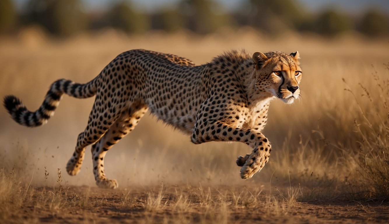 A cheetah sprints across the savanna, its sleek body stretched out in full stride, powerful legs propelling it forward with incredible speed