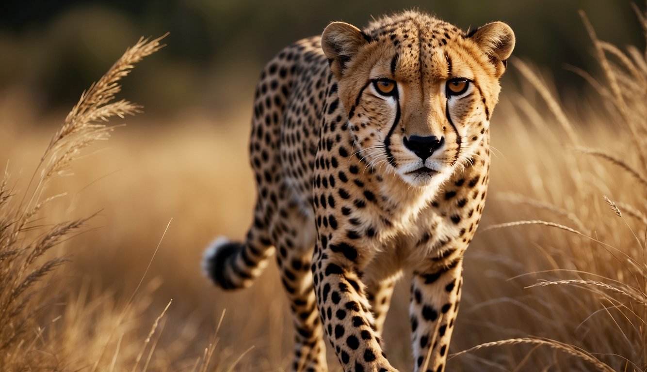 The cheetah sprints across the savanna, its sleek body blending into the golden grass.

It hunts with precision, its keen eyes fixed on its prey