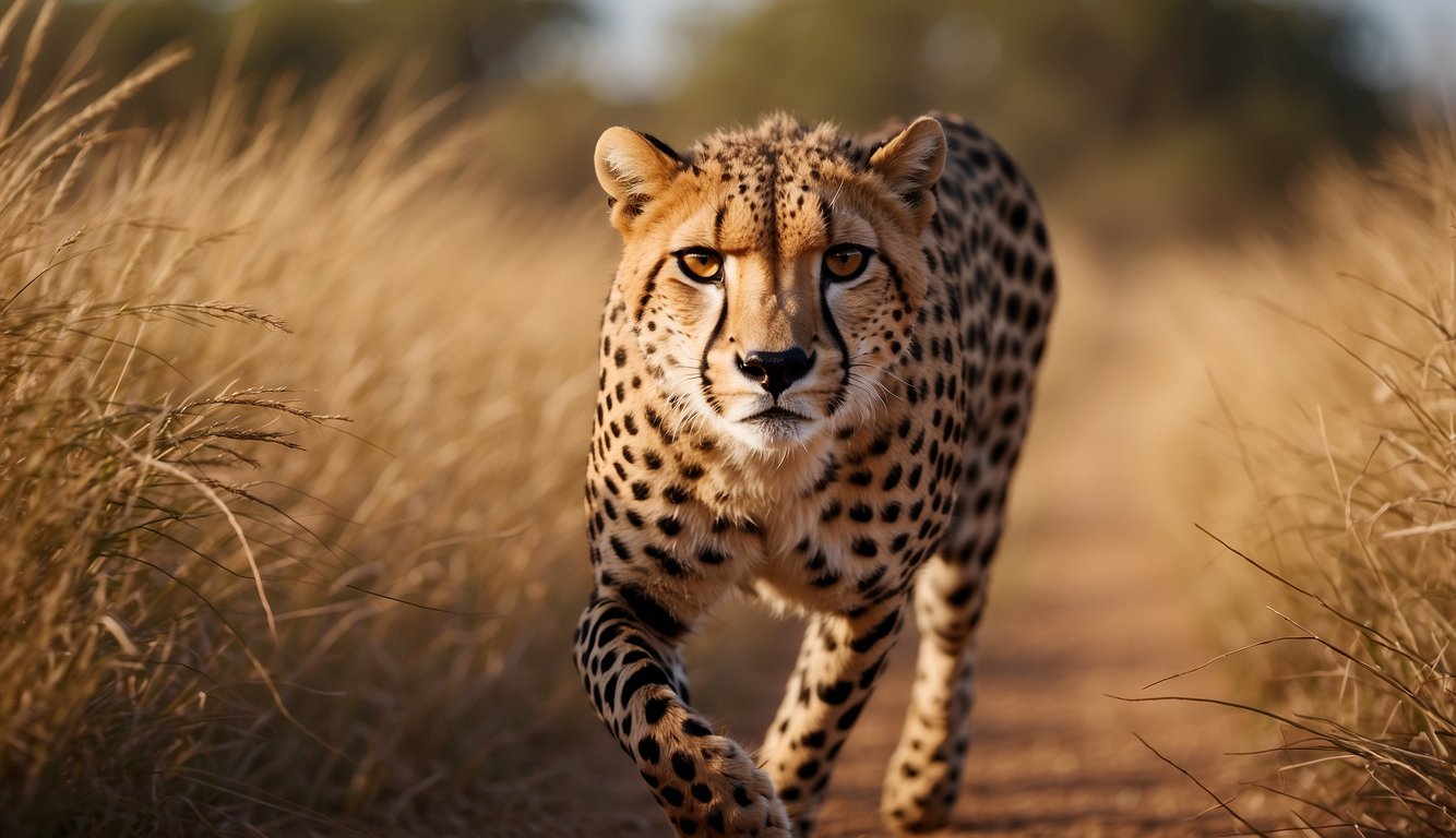 A cheetah sprints across the African savanna, its sleek body and powerful legs propelling it forward with incredible speed.

The landscape is dotted with acacia trees and tall grass, as the cheetah hunts for its next meal