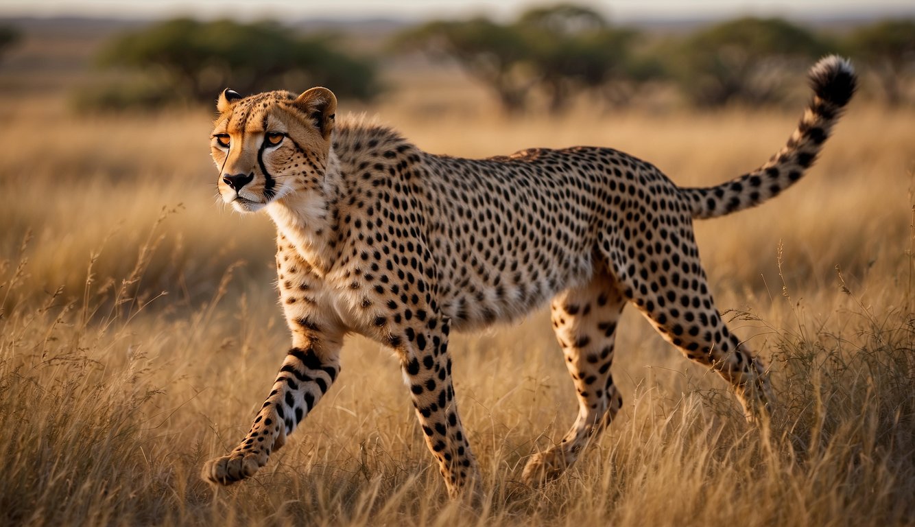 A cheetah sprints across the savanna, its sleek body and powerful legs propelling it forward with incredible speed.

The landscape is dotted with acacia trees and tall grass, creating a dynamic and vibrant setting for the chase