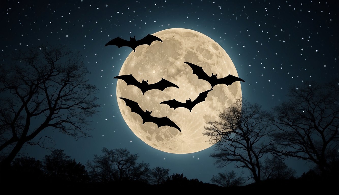 A group of bats flying through the night sky, silhouetted against the moon and stars, with a backdrop of trees and a sense of mystery and wonder