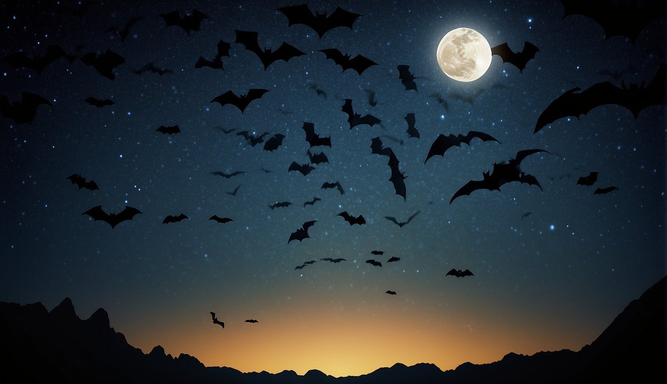 Bats fluttering in the moonlit sky, silhouetted against the night.

A colony of bats hanging upside down in a cave, their wings spread wide