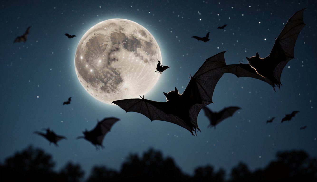 A group of bats swoop through the night sky, their wings outstretched as they hunt for insects.

The moon shines down, illuminating their sleek bodies and pointed ears