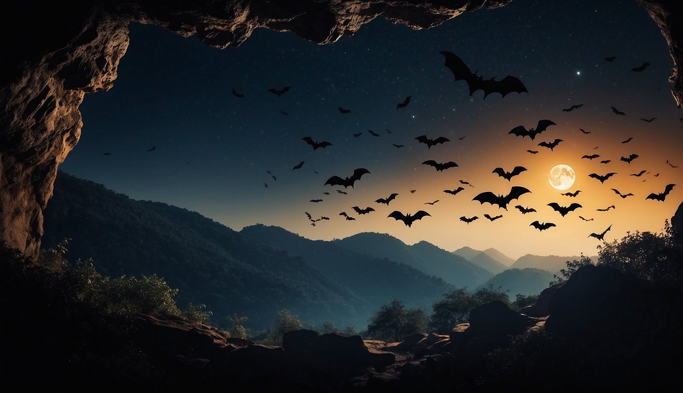 A group of bats flying out of a dark cave at night, silhouetted against the moon, with their wings spread wide as they soar through the sky