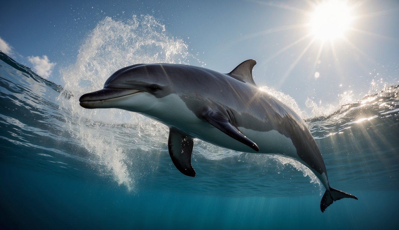 A dolphin leaps from the ocean, its sleek body arching gracefully before disappearing beneath the waves.

A spray of water glistens in the sunlight as the dolphin dives deep