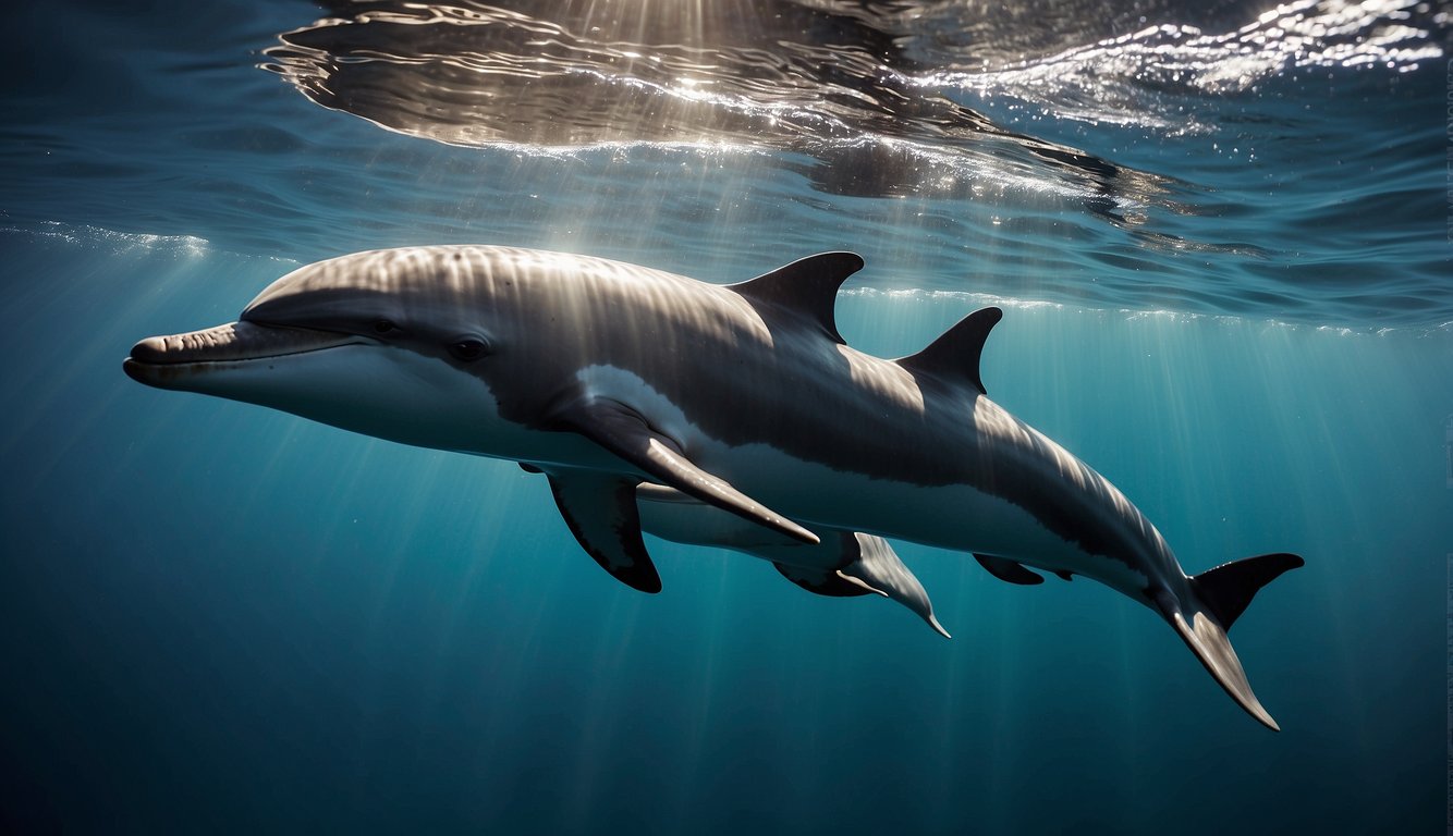 A pod of dolphins swims gracefully, leaping out of the water and diving back in, their sleek bodies glistening in the sunlight