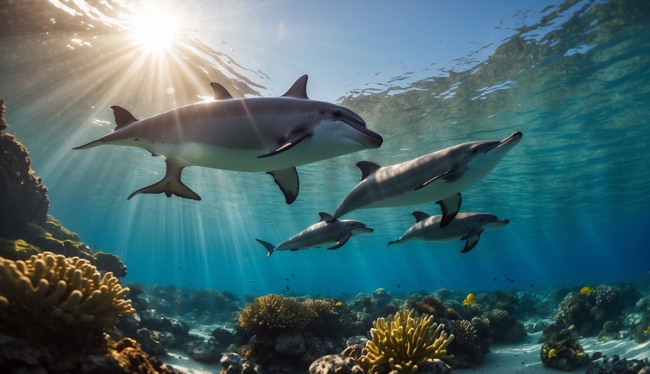 A pod of dolphins swims gracefully through crystal-clear waters, surrounded by colorful coral reefs and vibrant marine life.

The sun's rays create a shimmering effect as the dolphins playfully leap and dive in their natural habitat