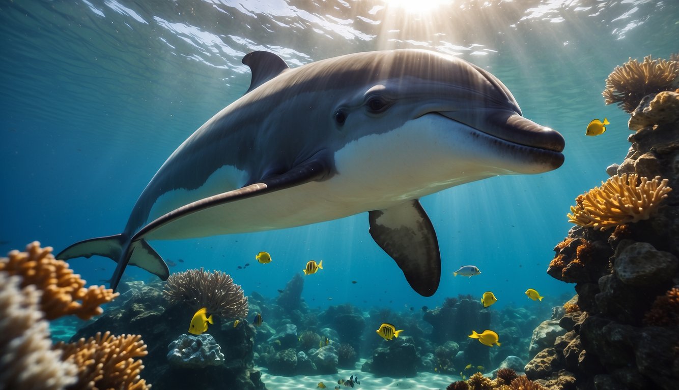 A playful dolphin leaps out of the ocean, creating a splash as it dives back in.

Surrounding fish and colorful coral add to the vibrant underwater scene