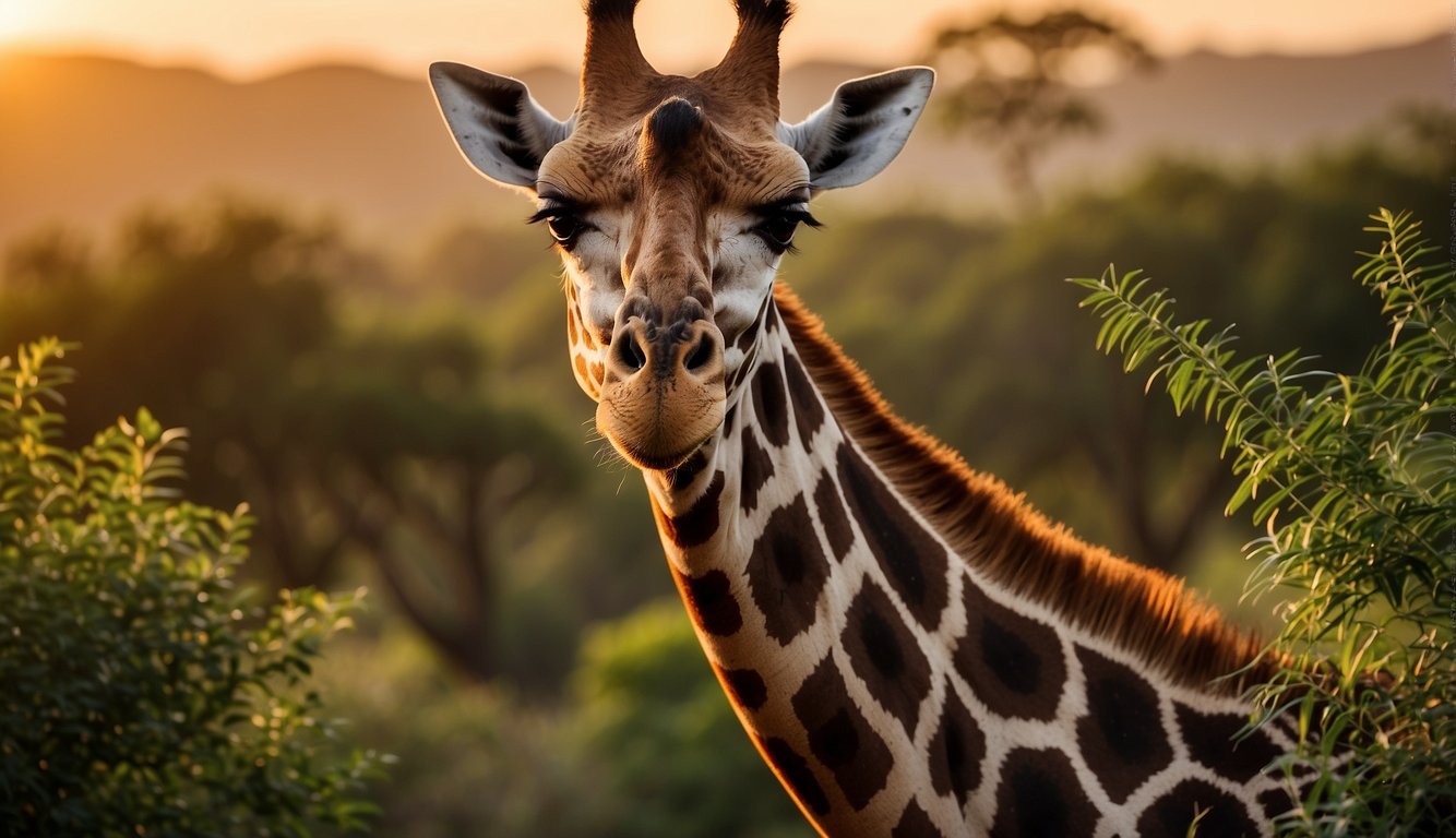A giraffe stands tall in the savanna, surrounded by lush greenery and other wildlife.

The sun sets in the distance, casting a warm glow over the scene