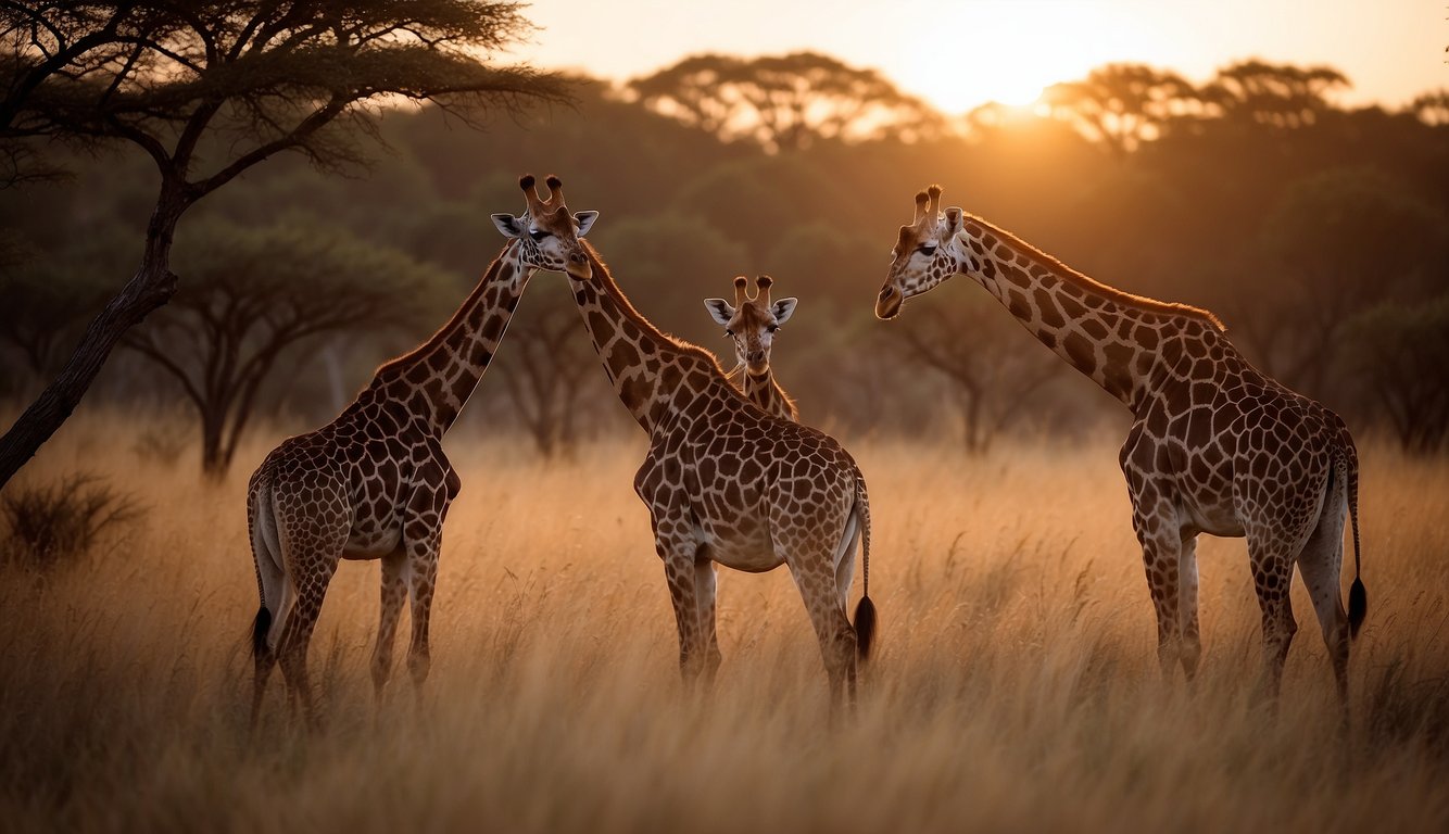 A group of giraffes roam the savanna, their long necks reaching for leaves high in the trees.

The sun sets, casting a warm glow over the grasslands