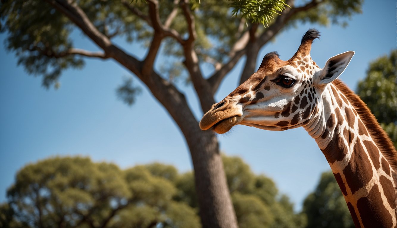 A giraffe gracefully stretches its long neck to reach the leaves at the top of a towering tree, against the backdrop of a bright blue sky