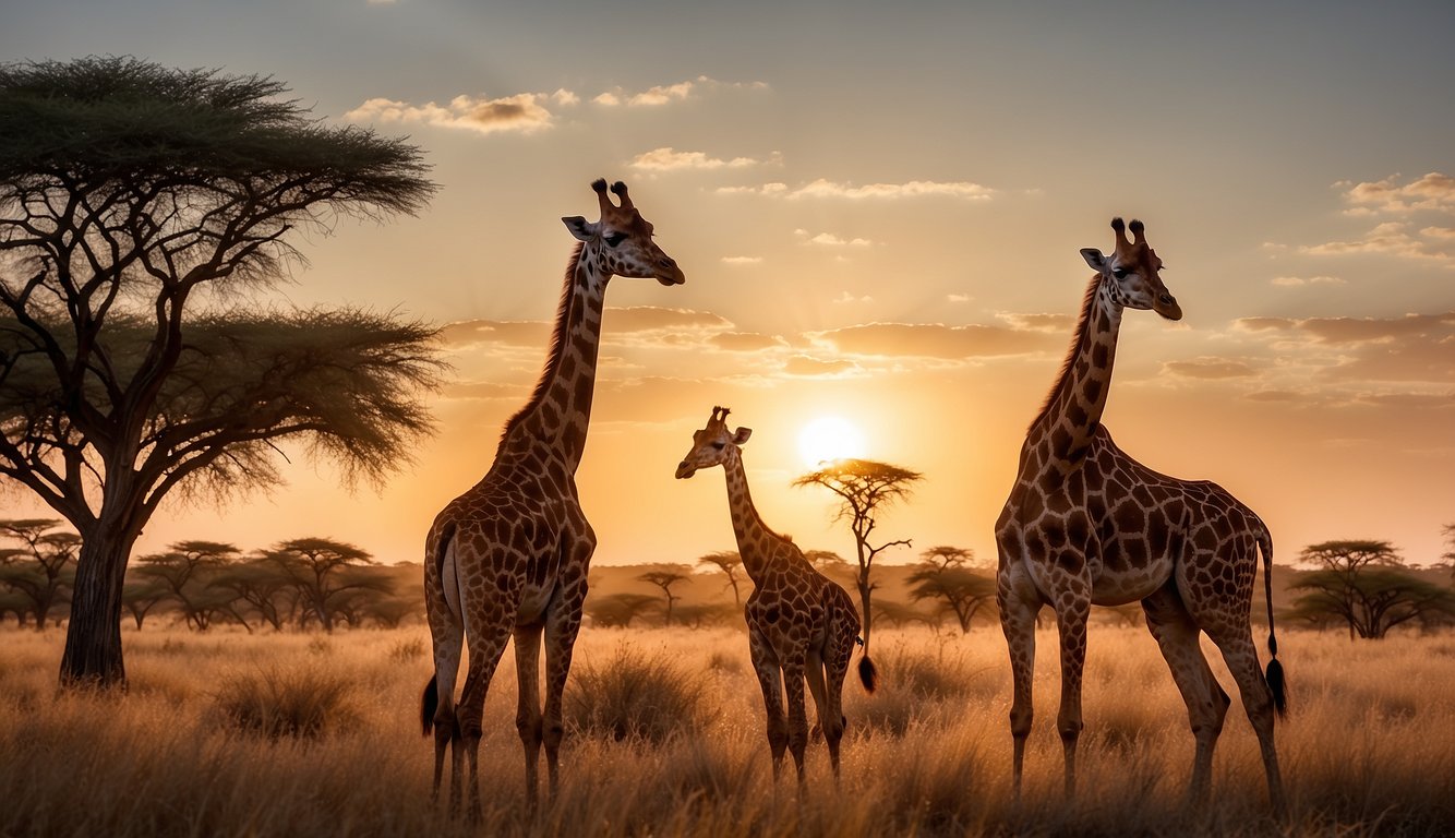 A group of giraffes roam freely in a vast savanna, with acacia trees in the background.

The sun sets, casting a warm glow on the majestic animals