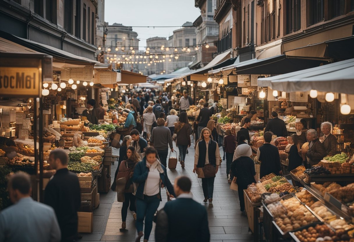 A bustling marketplace with diverse customers browsing products, engaging with vendors, and making purchases. Signs and advertisements strategically target different demographics