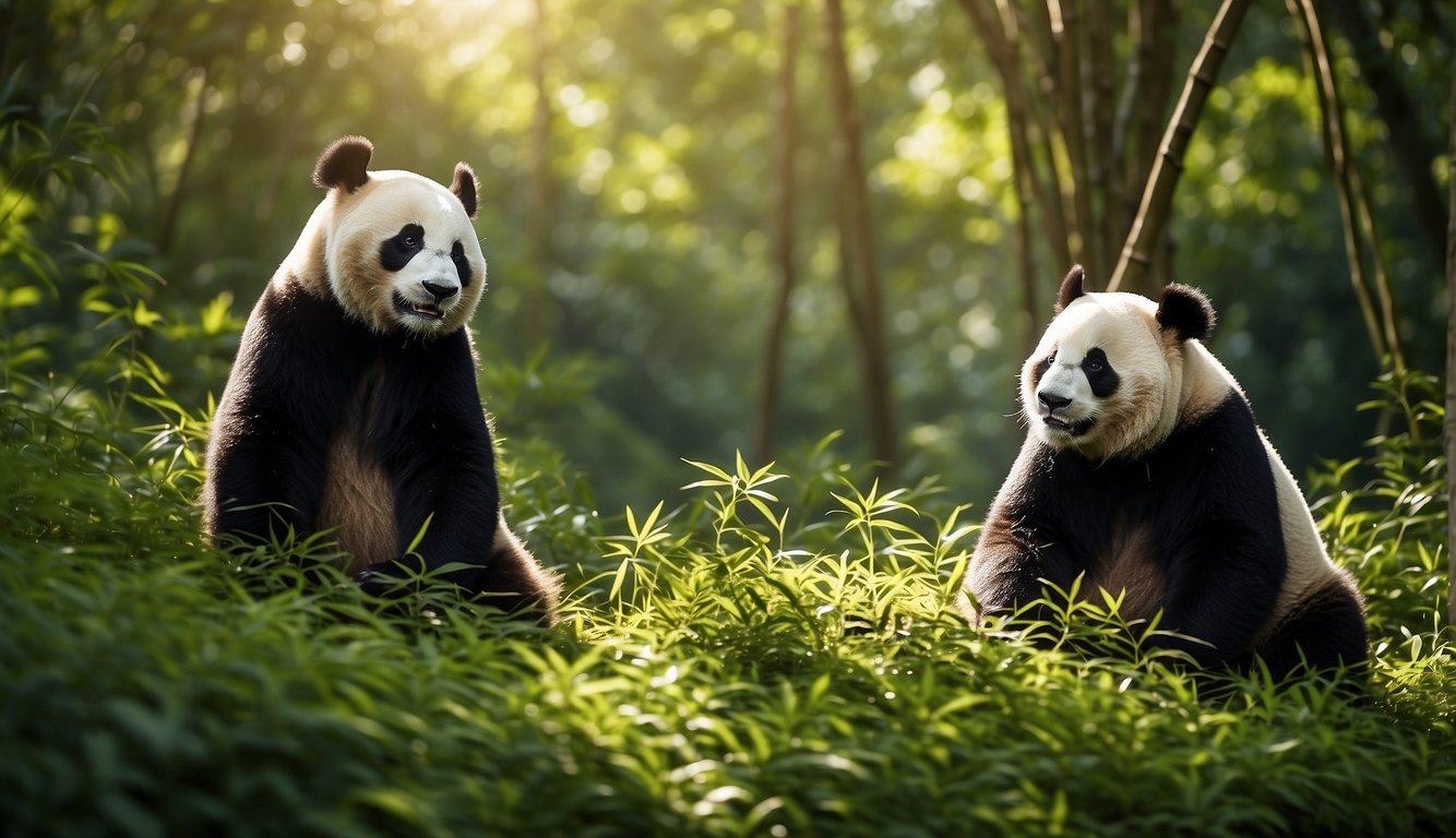 Two playful pandas romp in a lush bamboo forest, tumbling and rolling in the greenery.

Sunlight filters through the leaves, casting dappled shadows on the ground