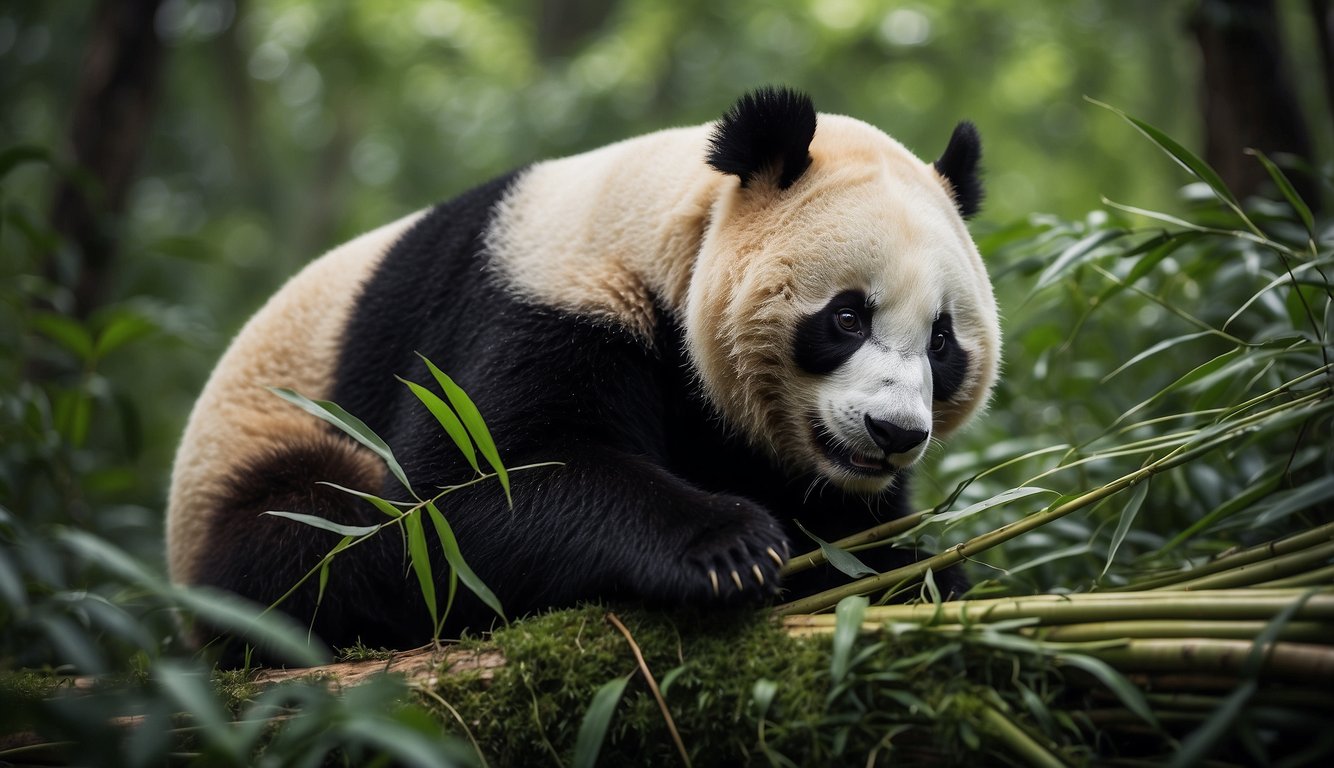 A playful panda munches on bamboo in a lush forest clearing