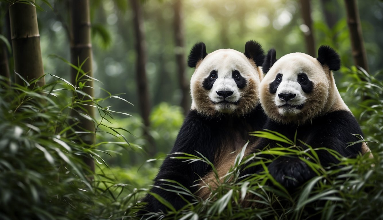 Two giant pandas roam through a lush bamboo forest, their black and white fur blending seamlessly with the surrounding foliage