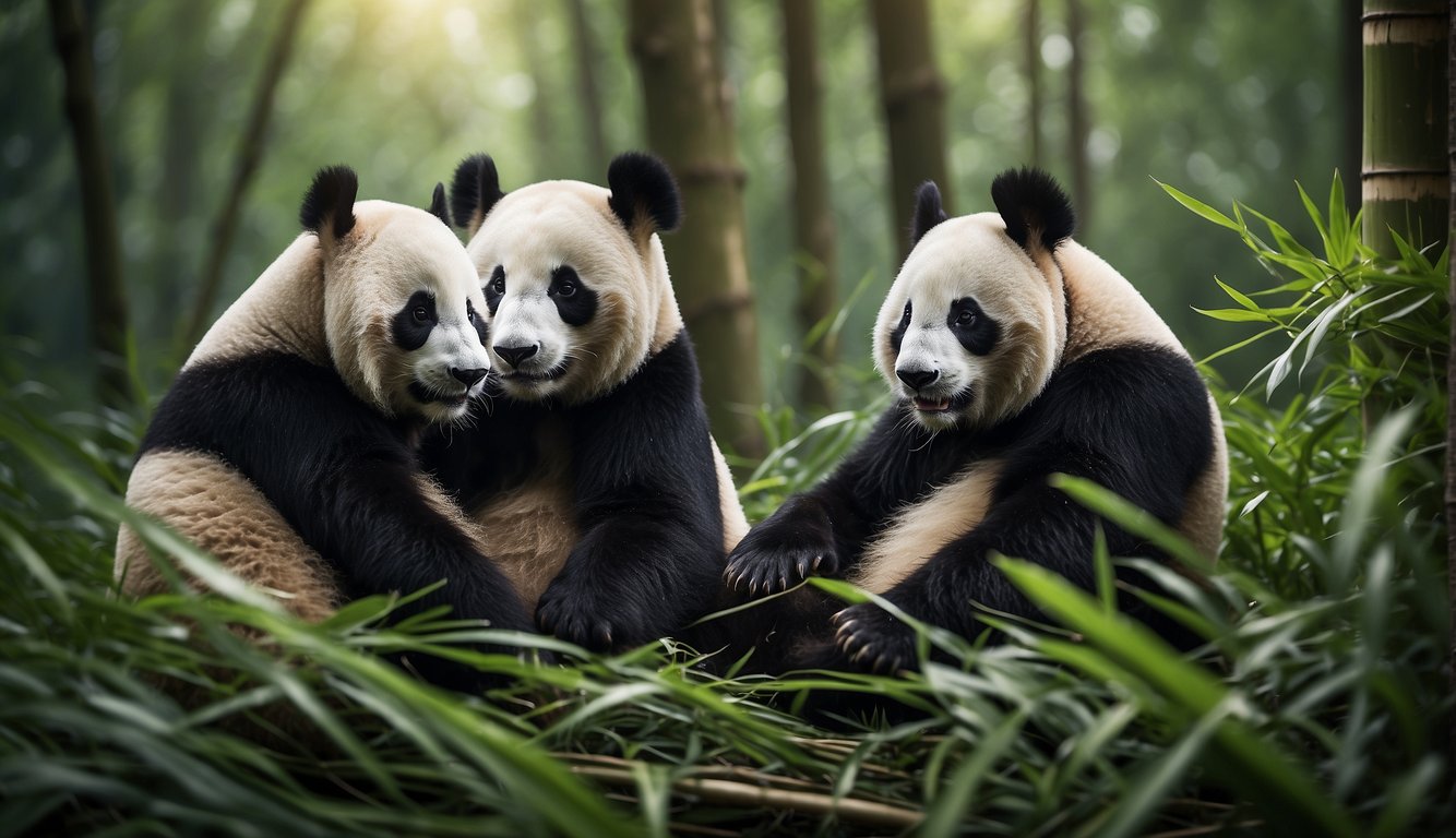 A group of pandas interact peacefully, grooming each other and playing with bamboo, in a lush, green bamboo forest