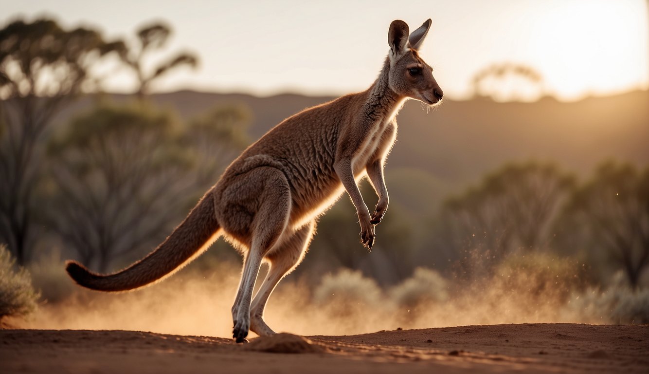 A kangaroo leaps across a sun-drenched outback, its powerful hind legs propelling it through the air with grace and agility.

Dust kicks up behind it as it bounds across the rugged terrain, showcasing the iconic bouncy movement that defines this unique