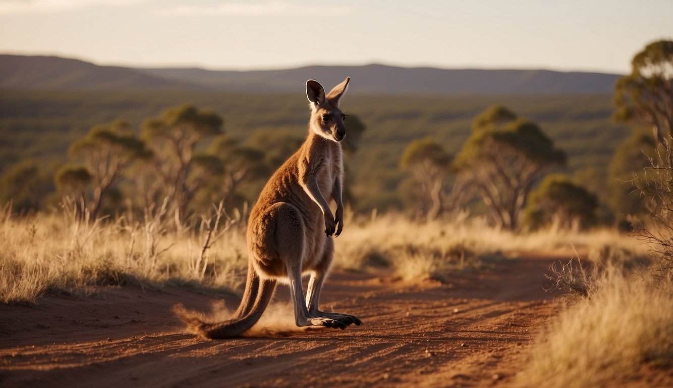 A kangaroo hops through the Australian outback, its powerful legs propelling it forward as it gracefully navigates the rugged terrain