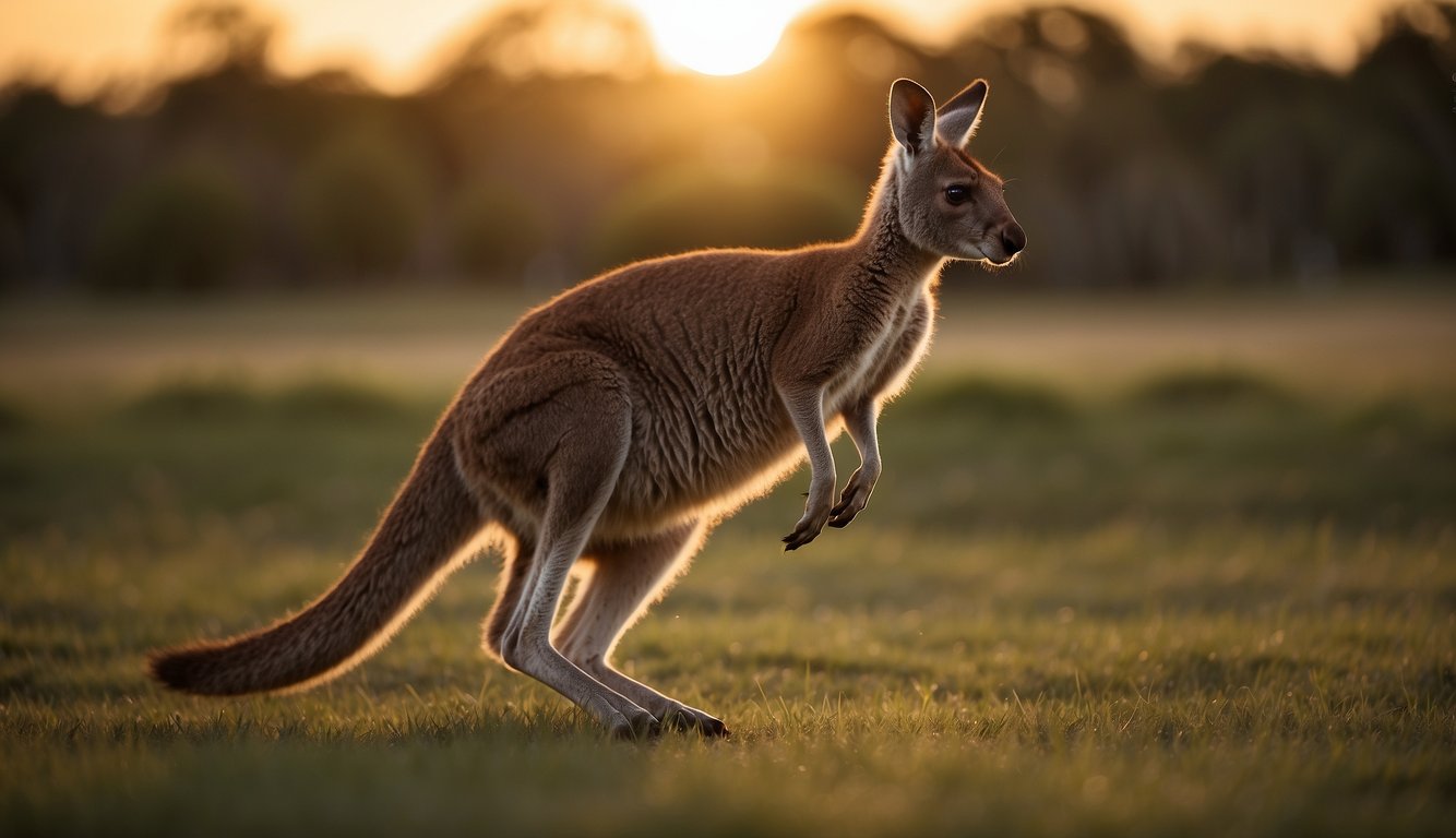 A kangaroo springs across a grassy plain, its powerful hind legs propelling it forward in a graceful leap.

The sun sets in the background, casting a warm glow over the scene