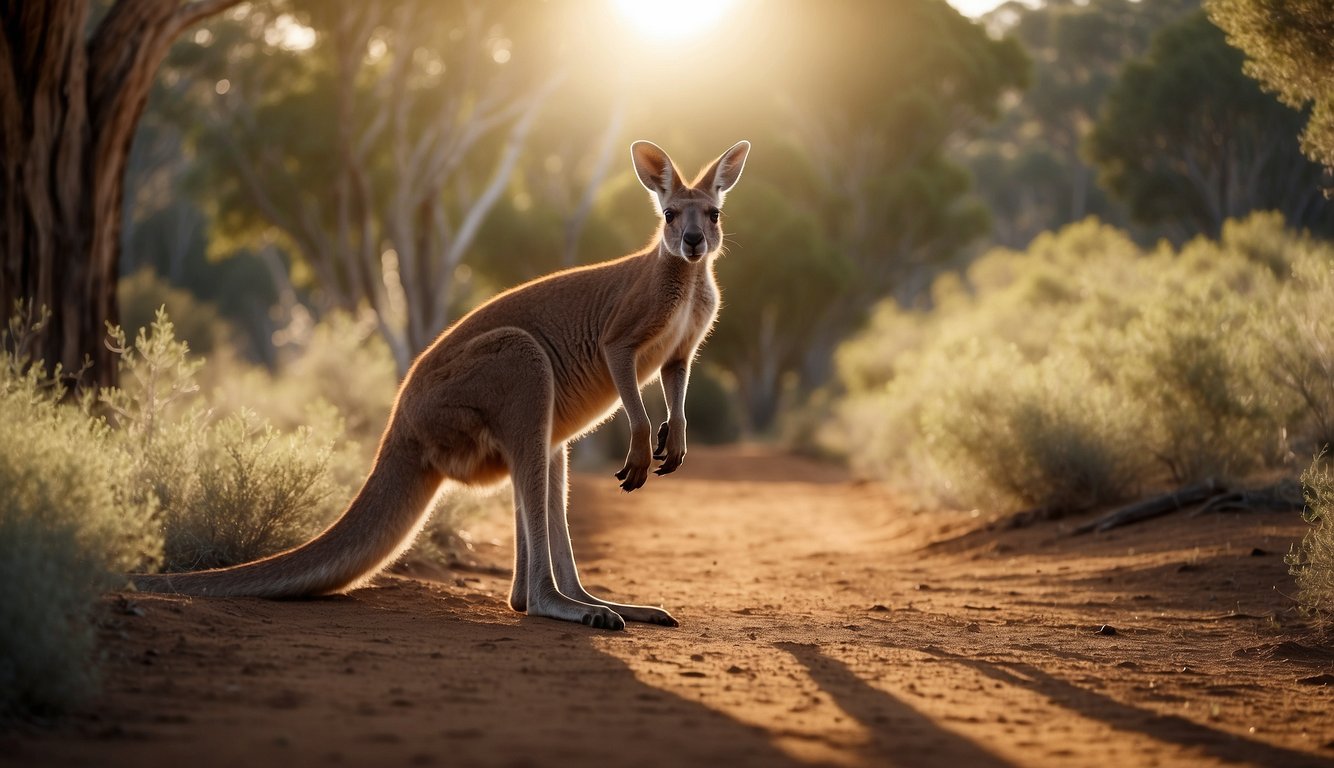 A kangaroo hops across a sun-drenched outback, surrounded by eucalyptus trees.

Its powerful hind legs propel it forward, while its long tail provides balance. The kangaroo's large ears perk up, alert and curious