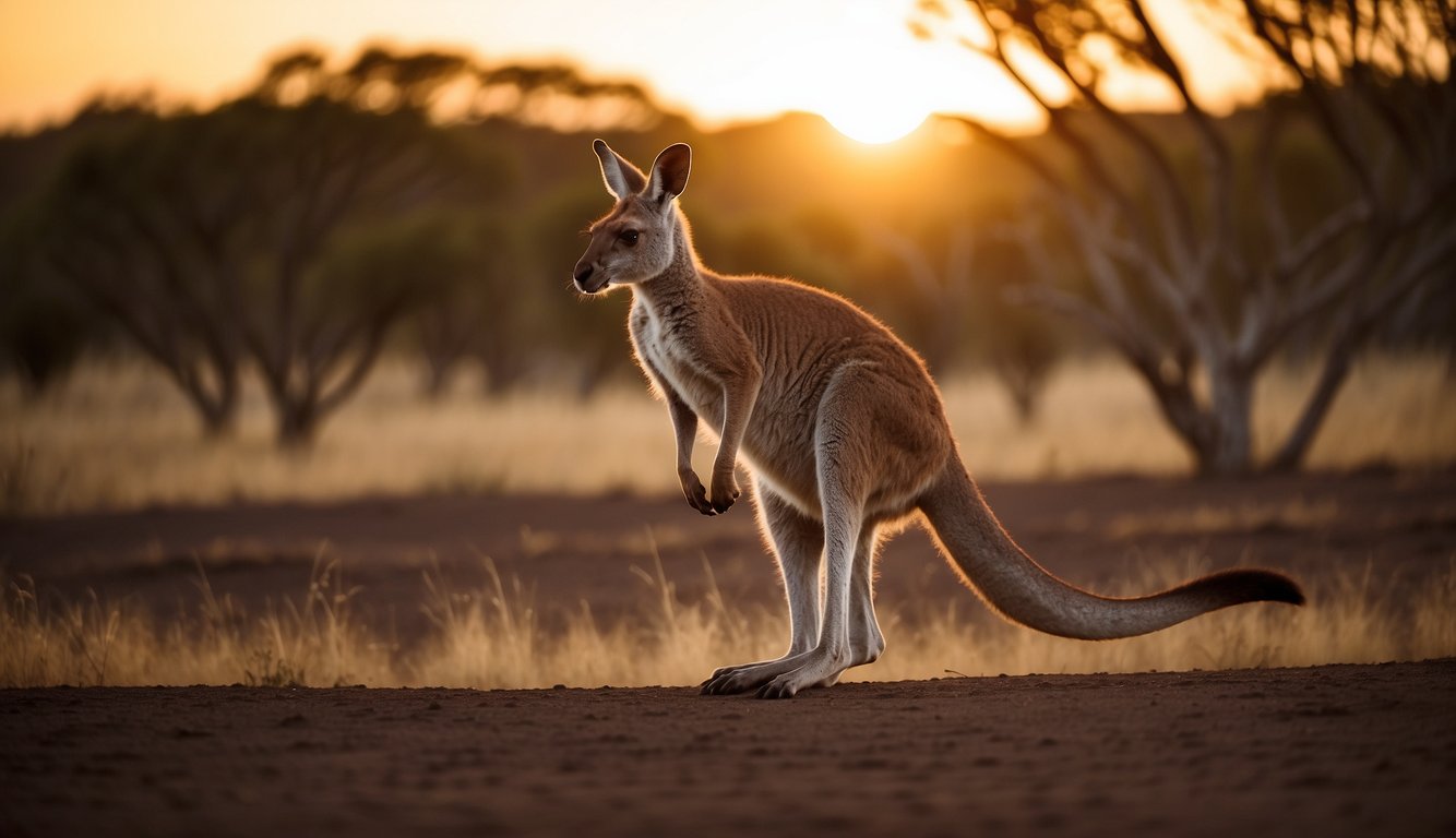 A kangaroo leaps across the outback, its powerful hind legs propelling it forward.

The sun sets in the distance, casting a warm glow over the rugged landscape