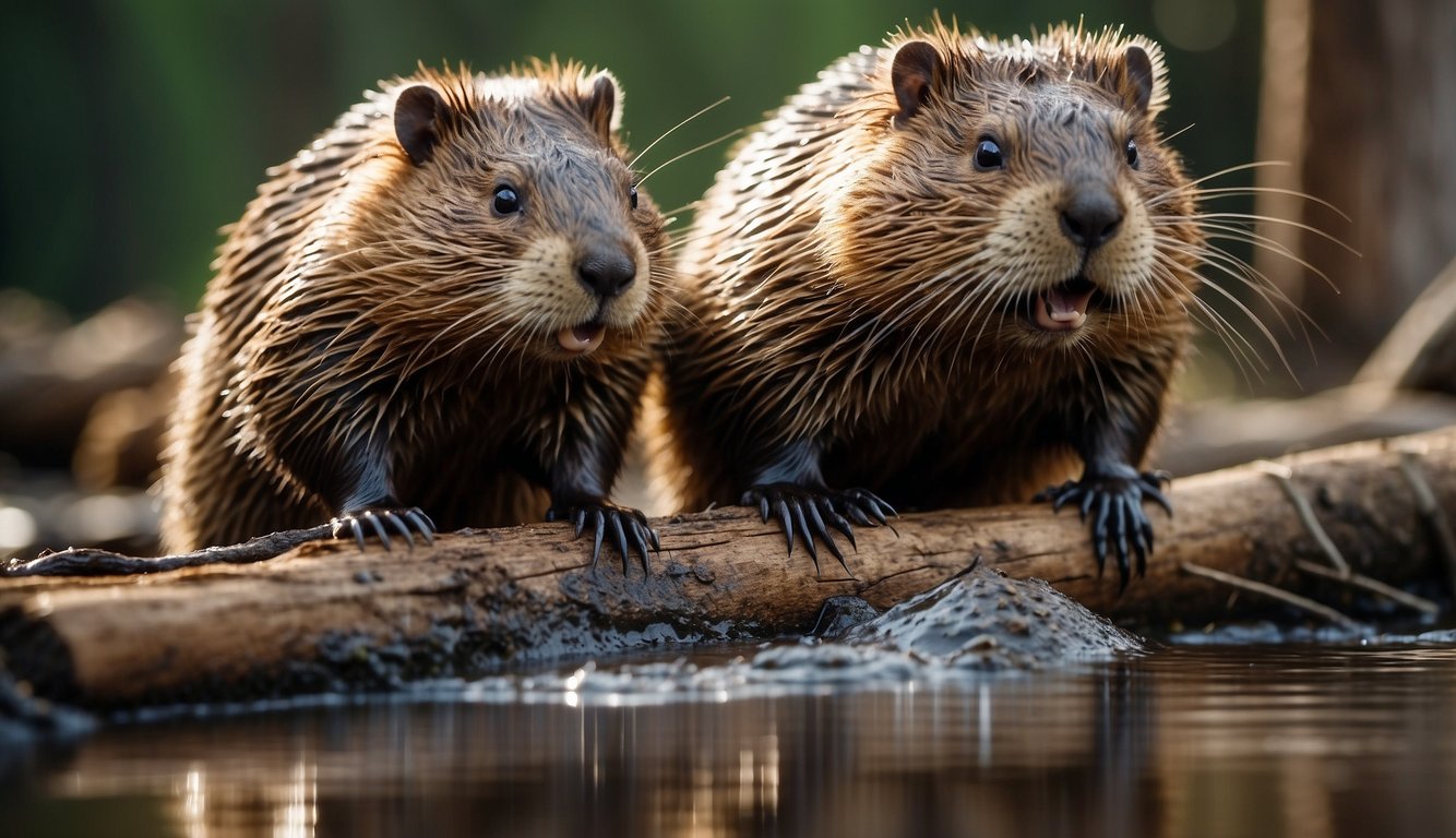 Beavers construct a dam with logs and mud.

They work together, carrying materials and shaping the structure with their powerful teeth