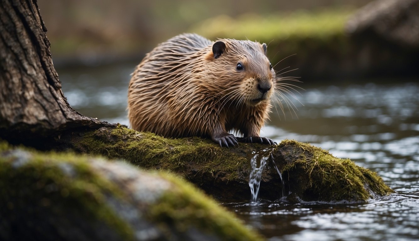 A beaver gnaws on a tree trunk, surrounded by a dam and flowing water