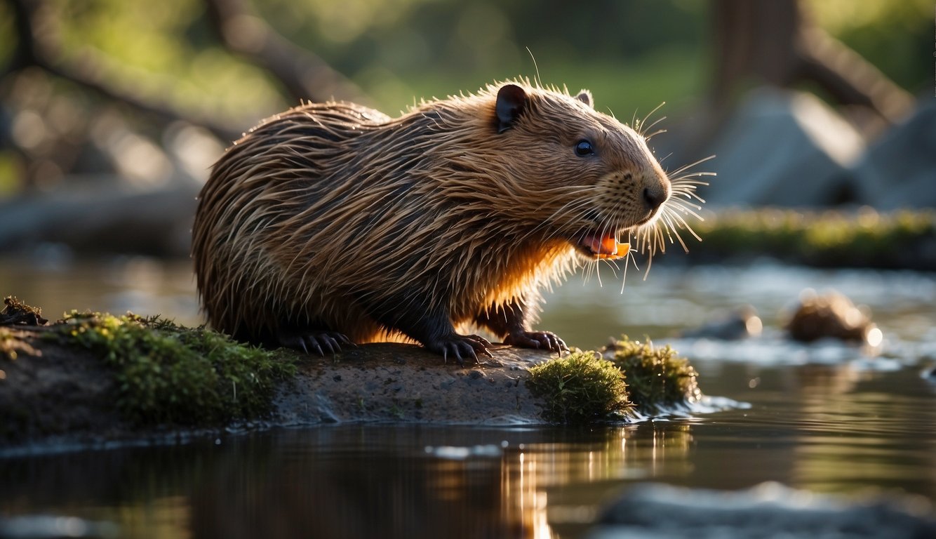 Beavers gnawing on trees, carrying sticks, and building a dam in a flowing river