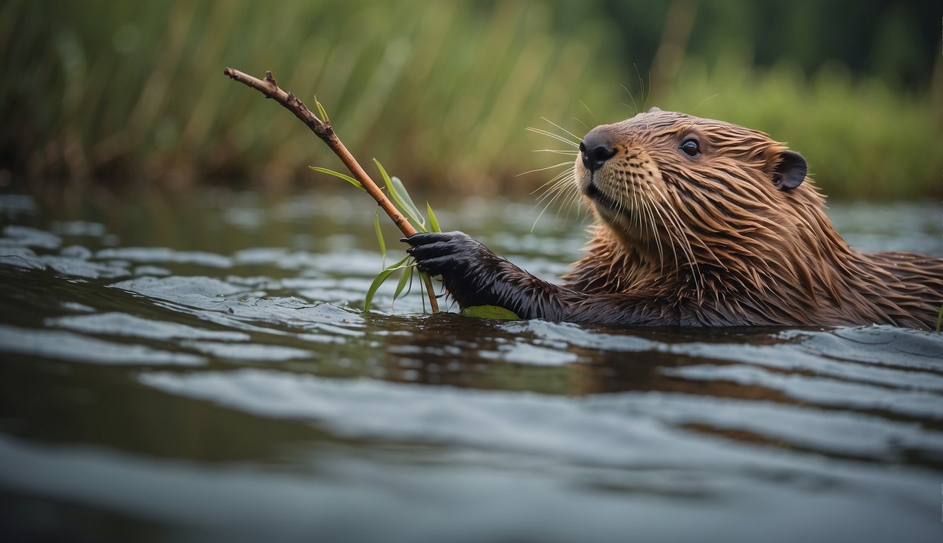 A beaver swims in a calm river, carrying a branch in its mouth.

Nearby, a lodge sits on the riverbank, surrounded by trees and tall grass