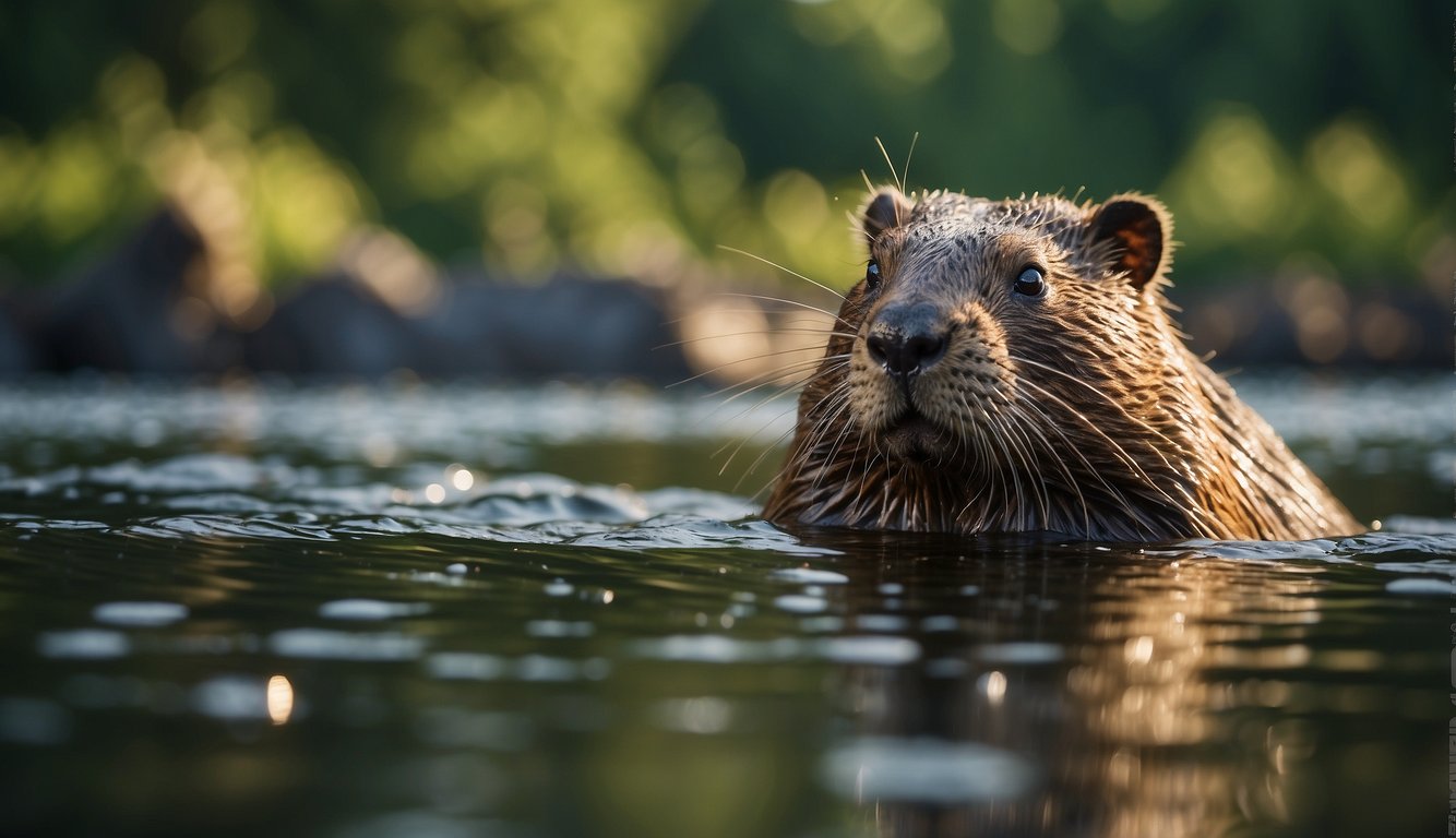 A beaver swims through a tranquil river, surrounded by lush green trees and vibrant wildlife.

A dam stands proudly in the background, showcasing the beaver's incredible engineering skills