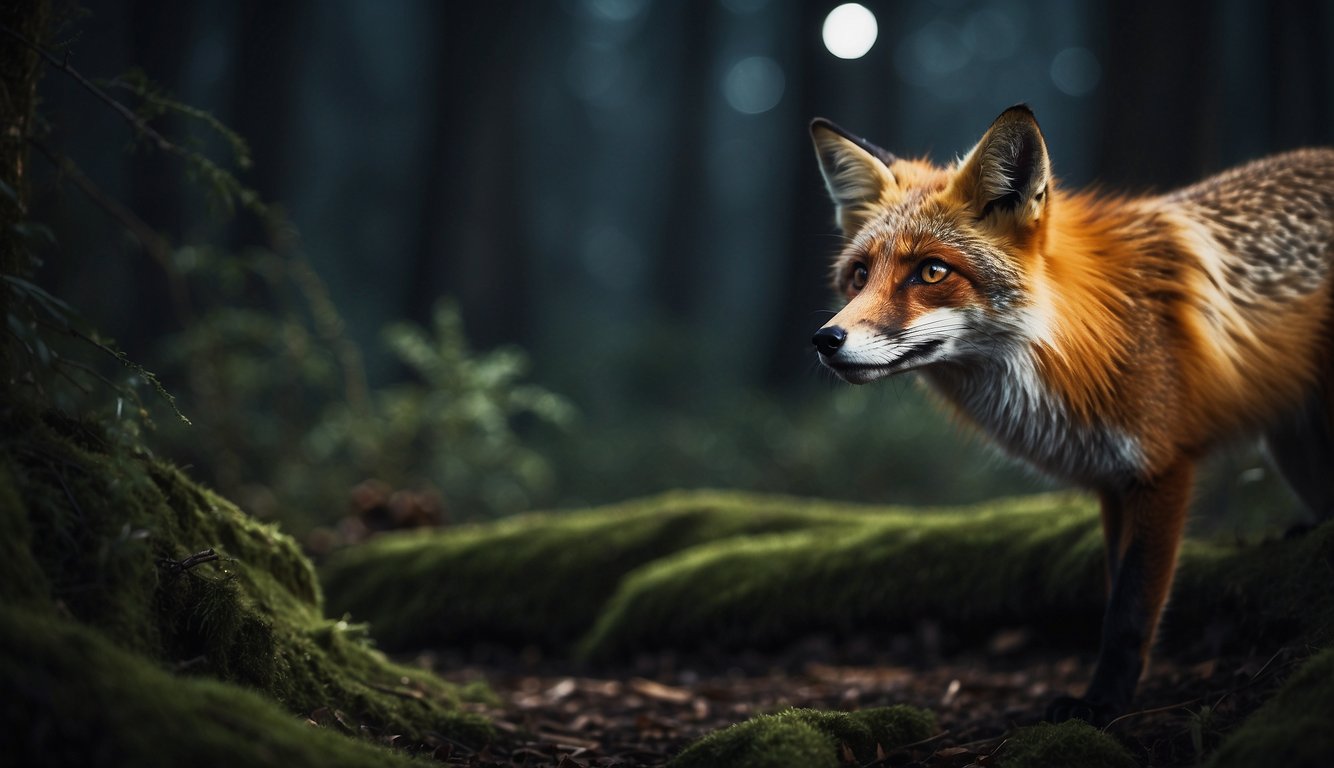A mischievous fox prowls through a moonlit forest, its eyes gleaming with curiosity as it investigates hidden clues and secrets