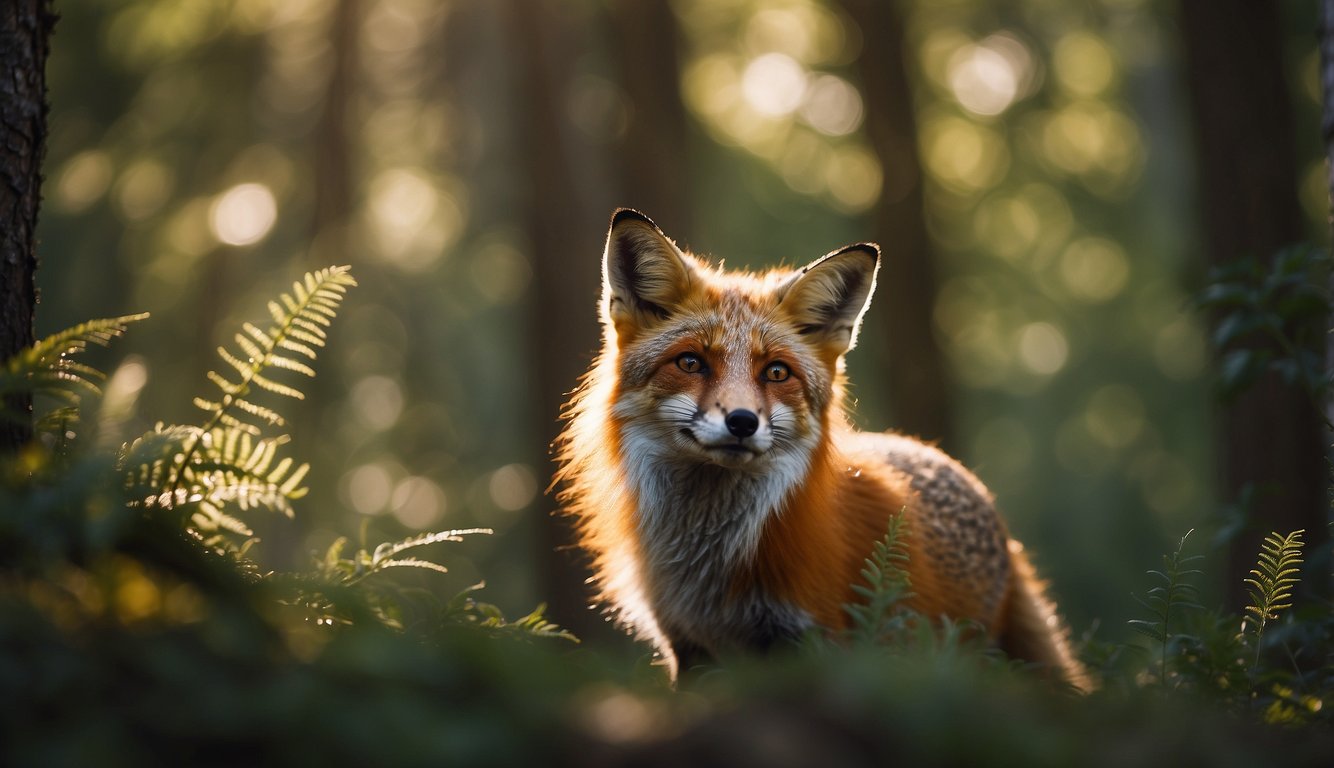 A fox sneaks through the dense underbrush, its bright eyes scanning for prey.

The dappled sunlight filters through the trees, casting a warm glow on the forest floor
