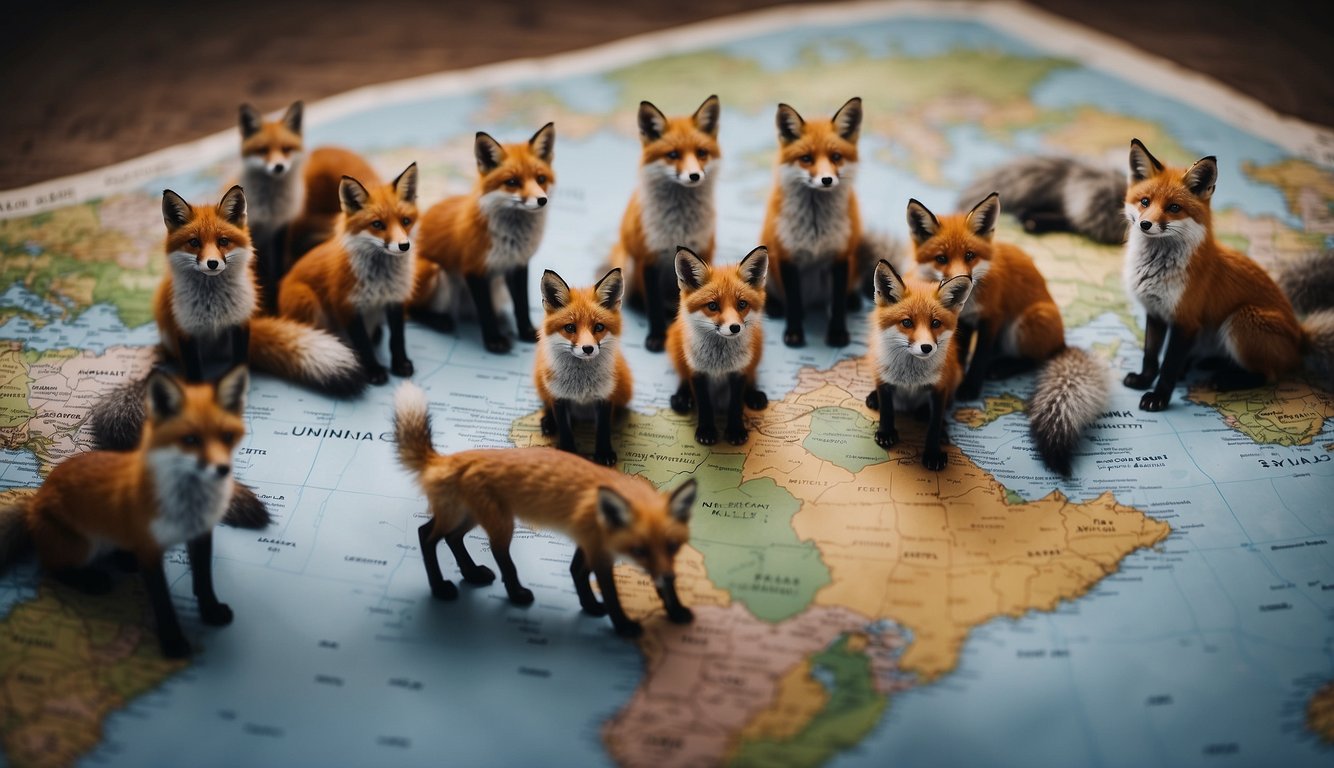 Foxes from different continents gather around a world map, each with unique features.

Some are red, others gray, and a few even have white fur. They are all looking curiously at the map, as if planning their next adventure