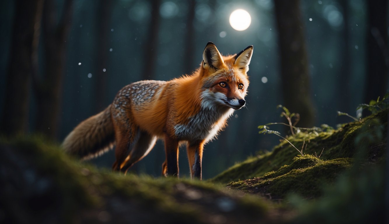 A sly fox sneaks through a moonlit forest, its eyes gleaming with mischief as it hunts for its next meal