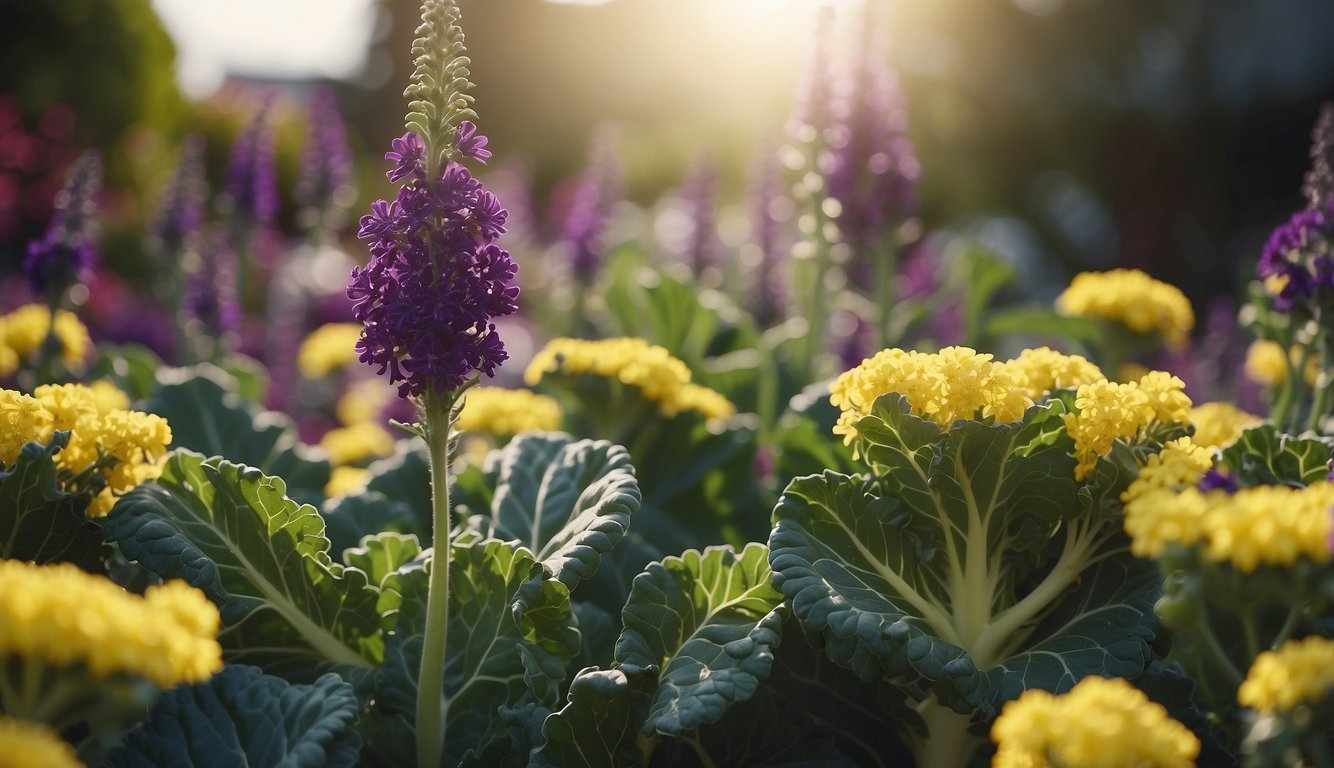 Lush green dinosaur kale leaves grow tall in a sunlit garden, surrounded by vibrant purple and yellow flowers