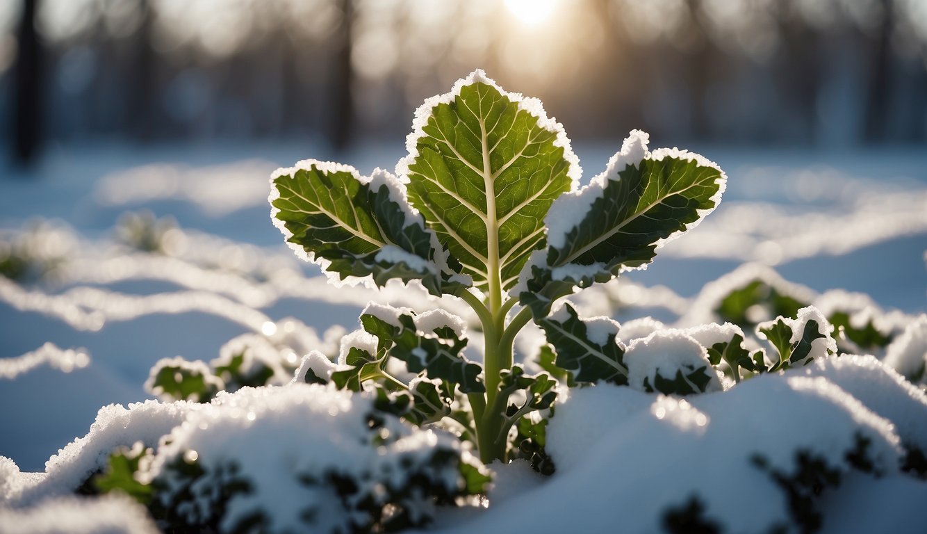 A snow-covered landscape with a lone Siberian kale plant standing tall, its sturdy leaves glistening in the winter sun