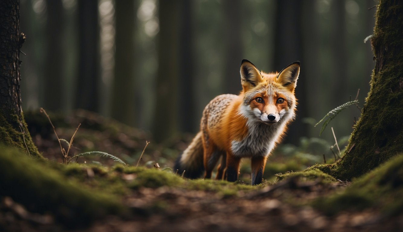 A mischievous fox sneaking through a forest, surrounded by curious woodland creatures.

The fox is surrounded by question marks and mysterious symbols, hinting at the secrets it holds