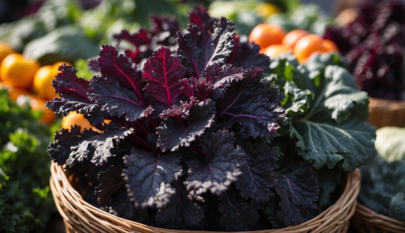 A vibrant bunch of Redbor kale leaves, showcasing its deep red and purple hues, surrounded by other colorful vegetables in a bustling farmers' market