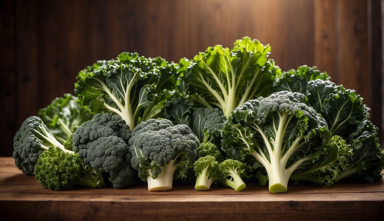 A variety of kale types arranged neatly on a wooden table with a sign reading "Frequently Asked Questions Kale Variety" displayed prominently