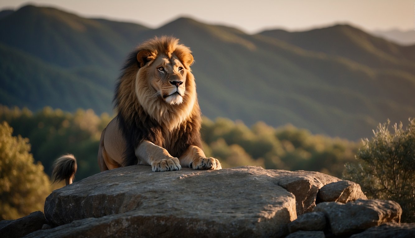 A majestic lion stands proudly on a rocky outcrop, its mane flowing in the wind as it lets out a powerful roar